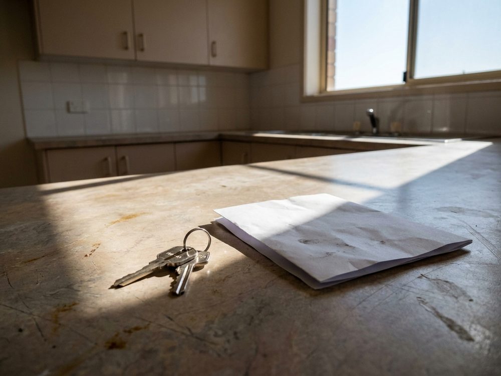 A set of keys and a plain envelope left on the bare bench of an empty kitchen, in hard afternoon light.