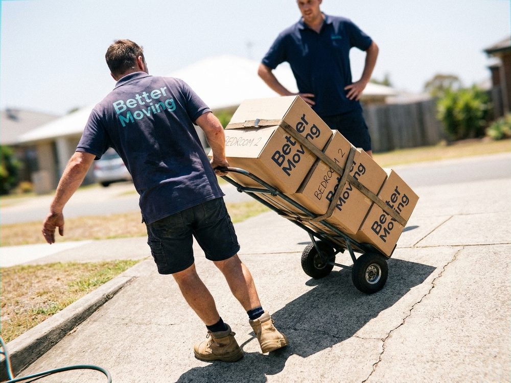 A stack of cartons strapped to a two-wheeler trolley, tipped back at a driveway crossover.