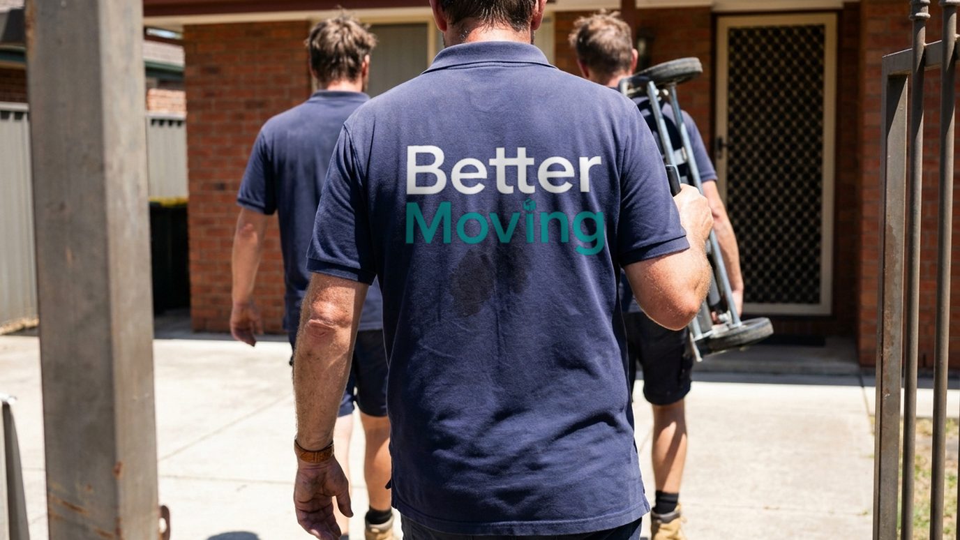 Three removalists walking up a driveway towards a house, one carrying a folded trolley.