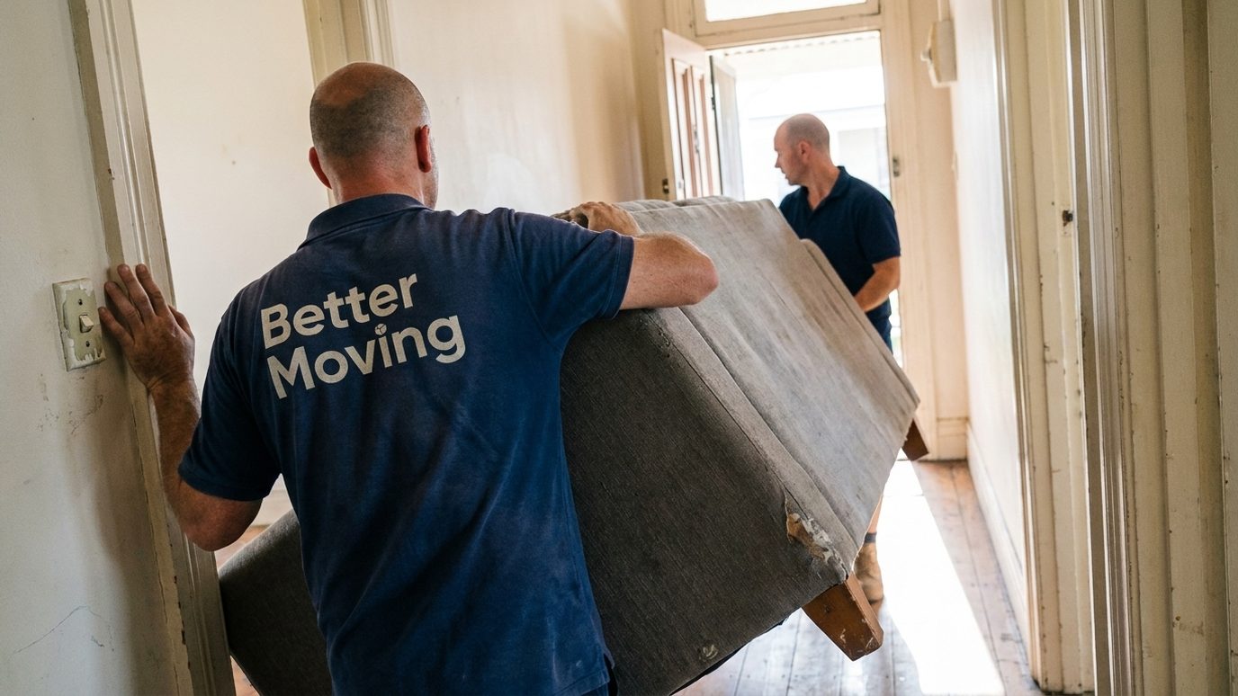 Two removalists turning a bare sofa around a hallway corner, both watching the same doorframe.