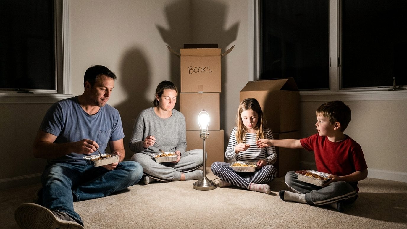 A family sitting on the bare floor of an unfurnished lounge room eating takeaway on their first night, cartons stacked behind them.