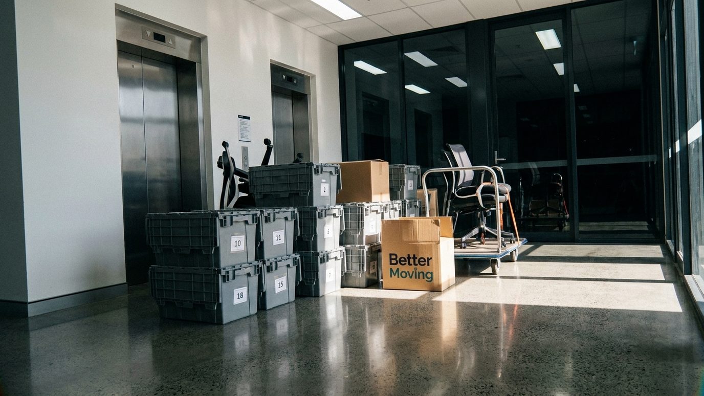 Office chairs stacked and flat-packed desk tops leaning against the wall of a commercial lift lobby after hours.