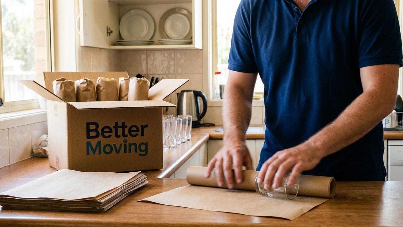 Hands rolling a drinking glass into a sheet of butcher's paper at a kitchen bench, an open carton alongside half filled.