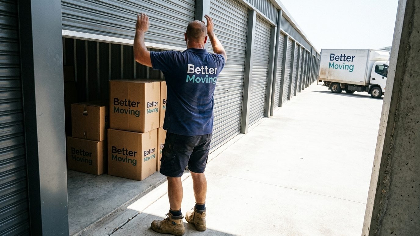 A storage unit with the roller door up and cartons stacked squarely inside, labels facing out.