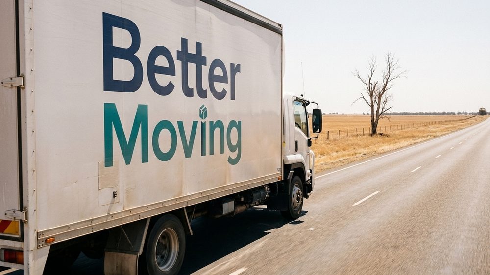 A removals truck on an open Australian highway in hard midday light.