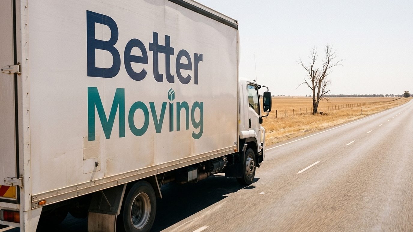 A removals truck on an open Australian highway in hard midday light, dry paddocks and a wedge-tailed eagle on a fence post.