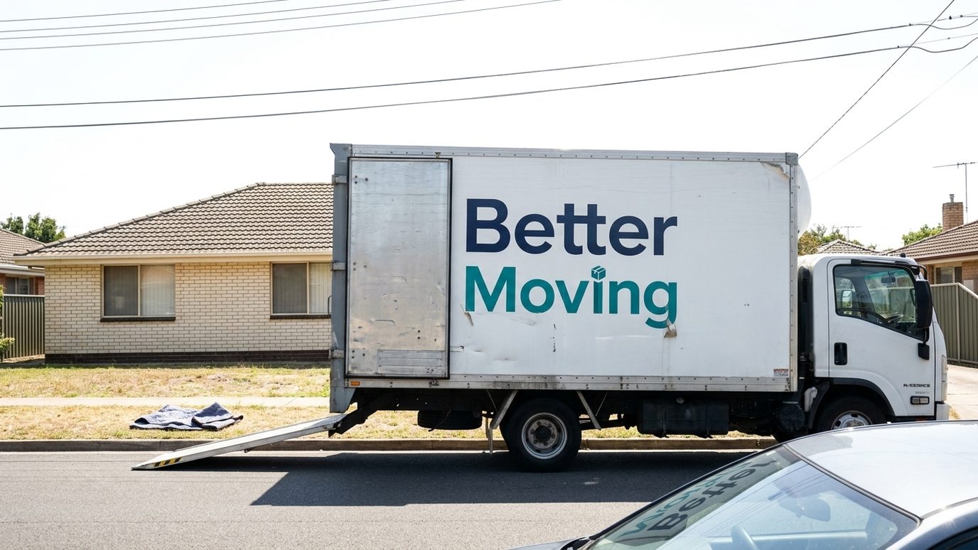 A removals truck at the kerb of an Australian suburban street with the roller door up and the ramp down.