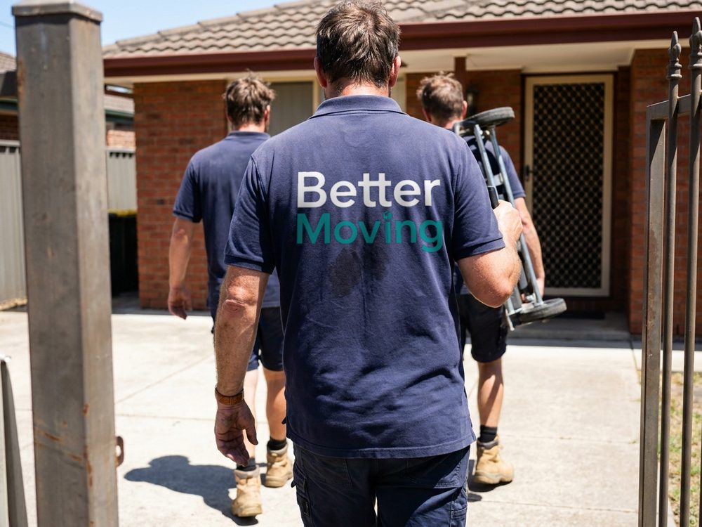 Two removalists walking up a front path with a folded trolley.