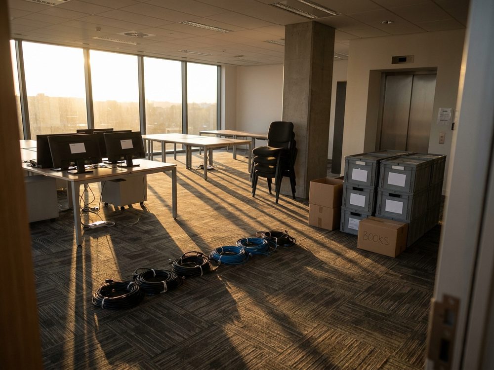 An open-plan Australian office mid-relocation, with lidded crates on a trolley and numbered workstations.
